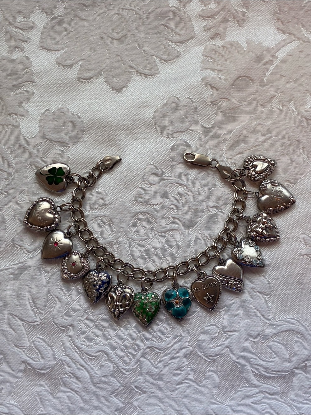 Antique Sterling Silver Puffy Heart Charm Bracelet